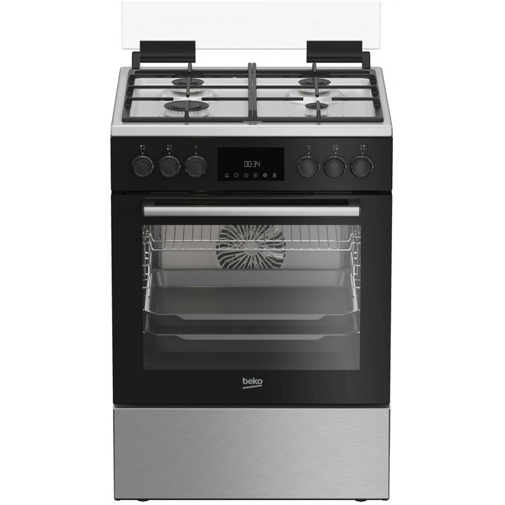 Beko FBSM62530DXMS gáztűzhely, vegyes, 4 égőfej, integrált elektromos gyújtás, öntöttvas grillek, katalitikus öntisztítás, grill, 3D főzés, időzítő, LED, 60 cm, rozsdamentes acél