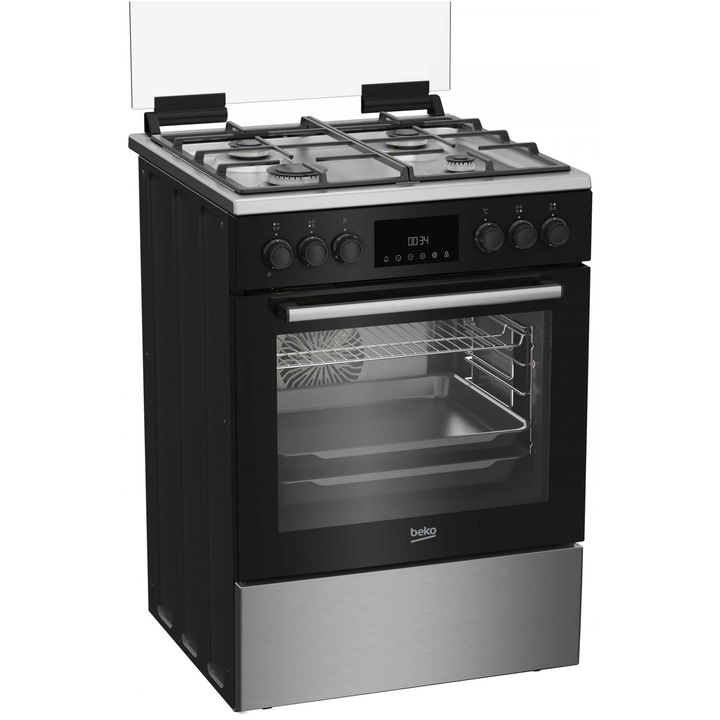 Готварска печка Beko FBSM62530DXMS, Комбинирана, 4 горелки, Вградено електрическо запалване, Чугунени решетки, Каталитично самопочистване, Грил, 3D готвене, Таймер, LED, 60 см, Inox