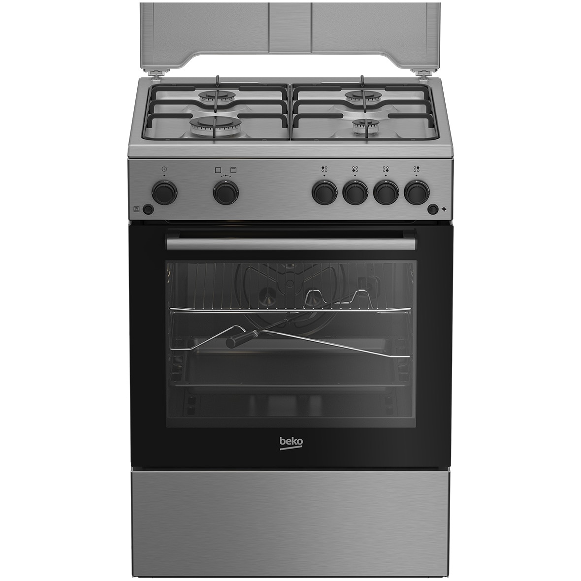 Aragaz Beko FSHT62111GX, Gaz, 4 arzatoare, Aprindere electrica plita/cuptor, Grill, Rotisor, 60 cm, Inox