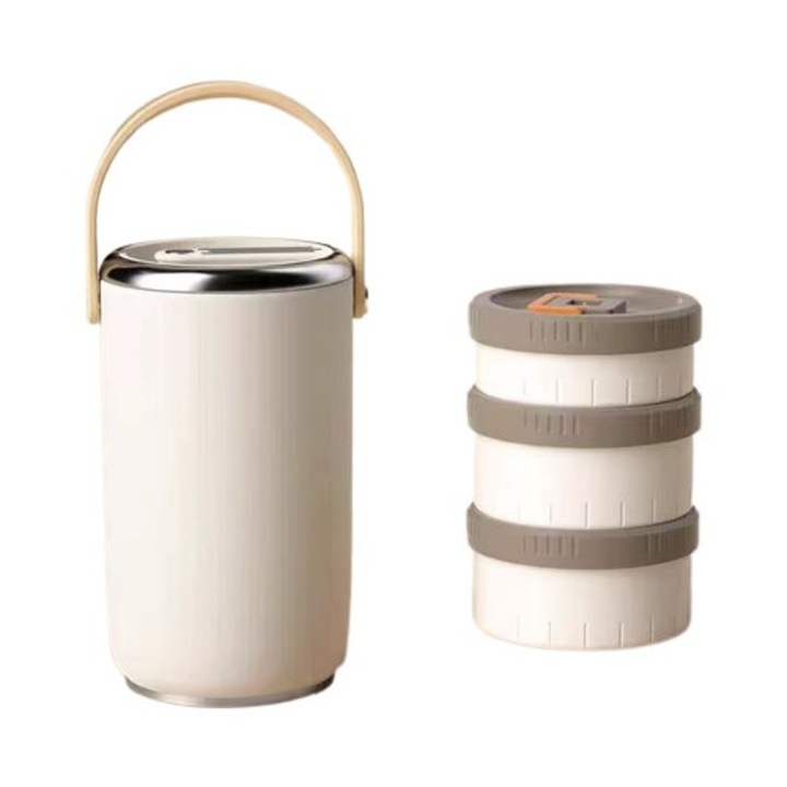 Termos alimentar, 2.6L, alb, inox, design cu trei cutii independente, 25x14.5cm