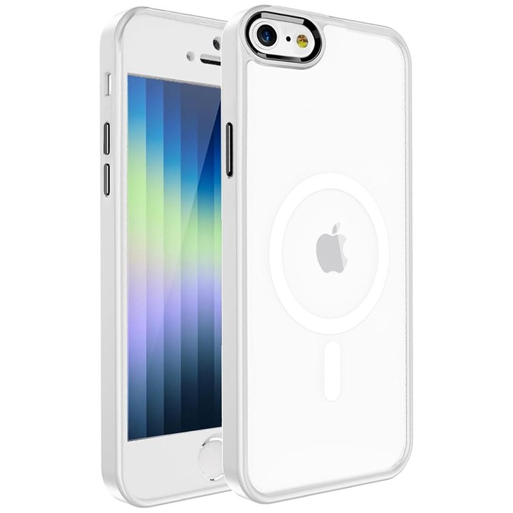 Husa Protectie antisoc, MagSafe, Compatibil cu iPhone 16e, Margini colorate, Alb