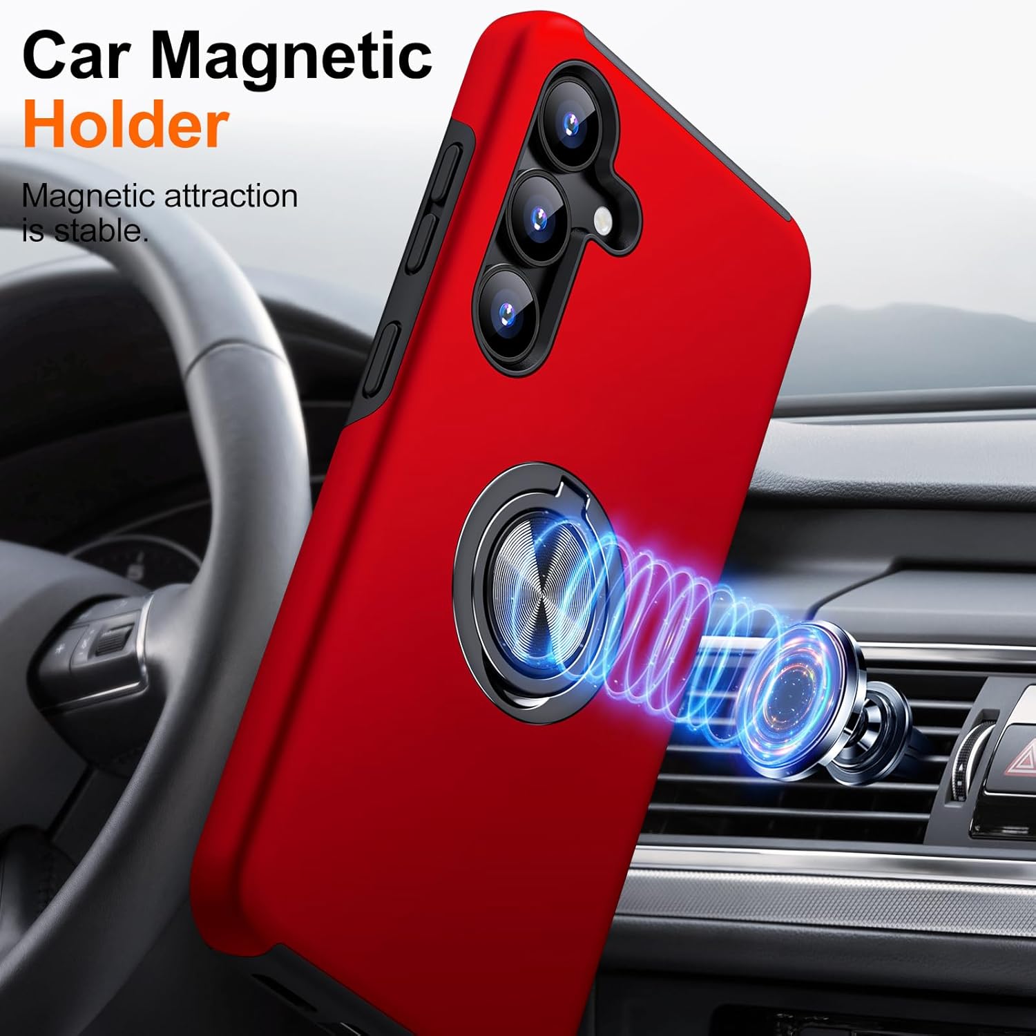 Husa Protectie Hybrid Antisoc pentru Samsung Galaxy S25 FE, Inel 360° si Suport Kickstand, TPU, Bumper Integrat, Red