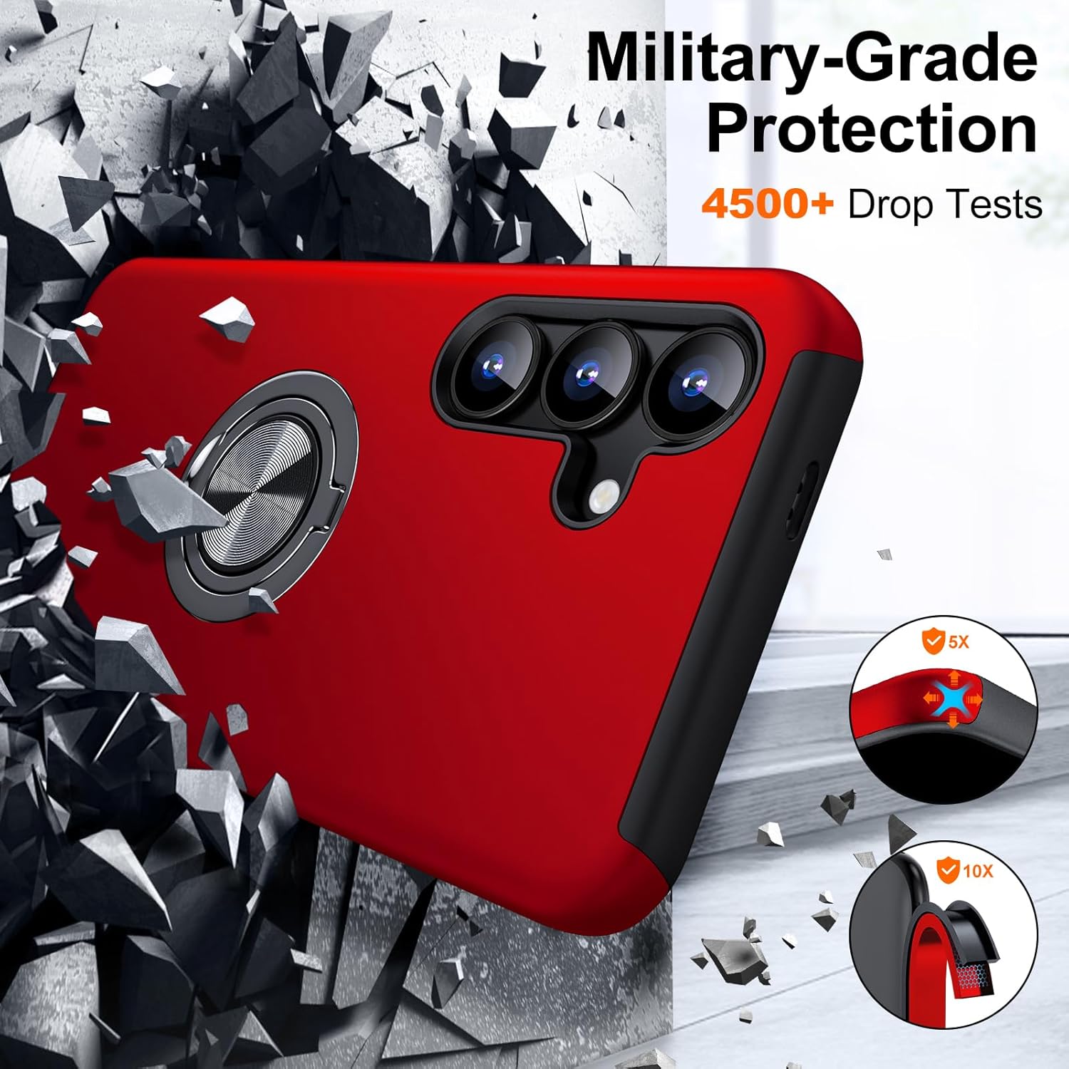 Husa Protectie Hybrid Antisoc pentru Samsung Galaxy S25 FE, Inel 360° si Suport Kickstand, TPU, Bumper Integrat, Red