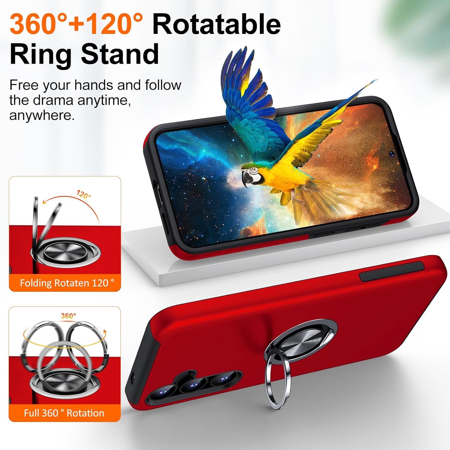 Husa Protectie Hybrid Antisoc pentru Samsung Galaxy S25 FE, Inel 360° si Suport Kickstand, TPU, Bumper Integrat, Red