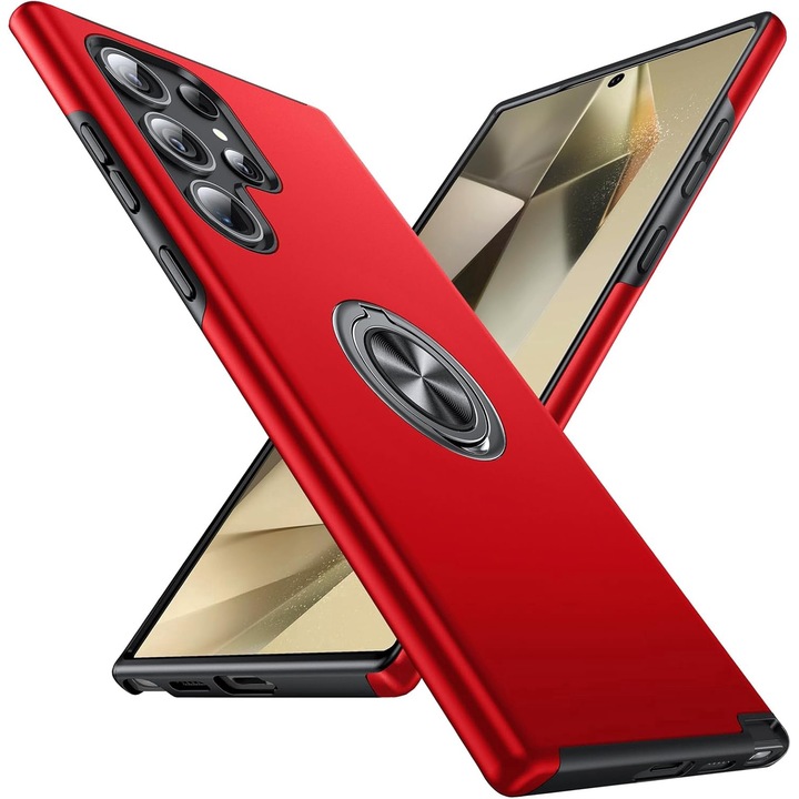 Husa de protectie pentru Samsung Galaxy S25 Ultra, Hybrid Antisoc, Kickstand, Bumper inel rotativ 360, Red