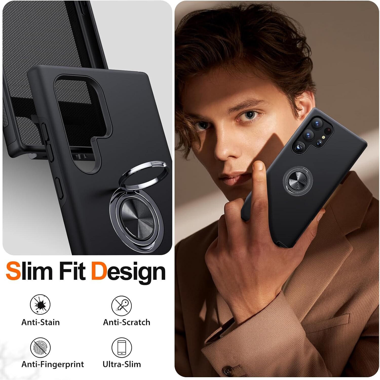Husa de protectie pentru Samsung Galaxy S25 Ultra, Hybrid Antisoc, Kickstand, Bumper inel rotativ 360, Black