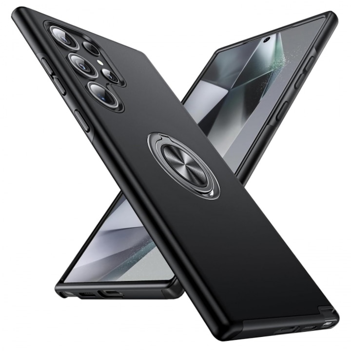 Husa de protectie pentru Samsung Galaxy S25 Ultra, Hybrid Antisoc, Kickstand, Bumper inel rotativ 360, Black
