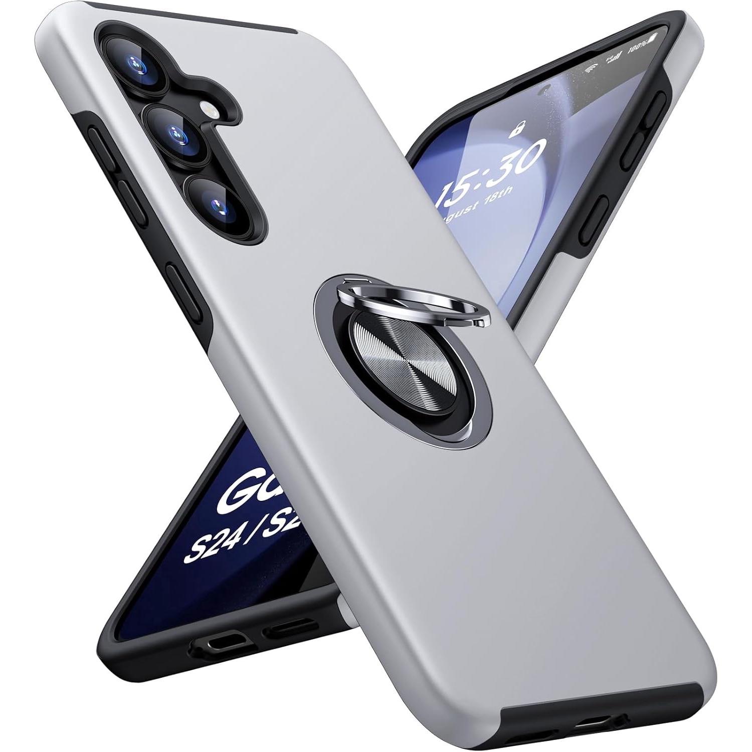 Husa Protectie Hybrid Antisoc pentru Samsung Galaxy S25 FE, Inel 360° si Suport Kickstand, TPU, Bumper Integrat, Silver