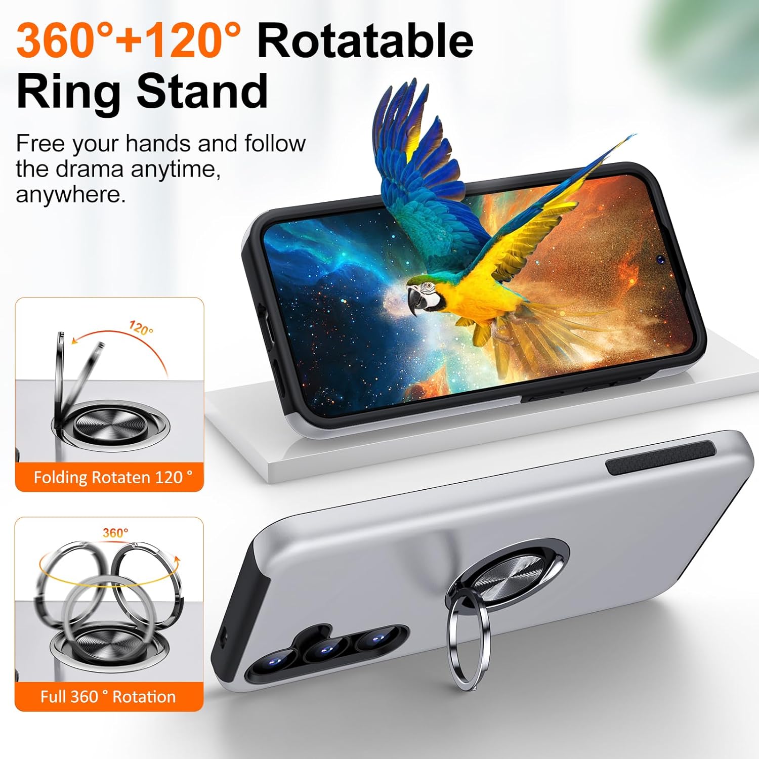 Husa Protectie Hybrid Antisoc pentru Samsung Galaxy S25 FE, Inel 360° si Suport Kickstand, TPU, Bumper Integrat, Silver