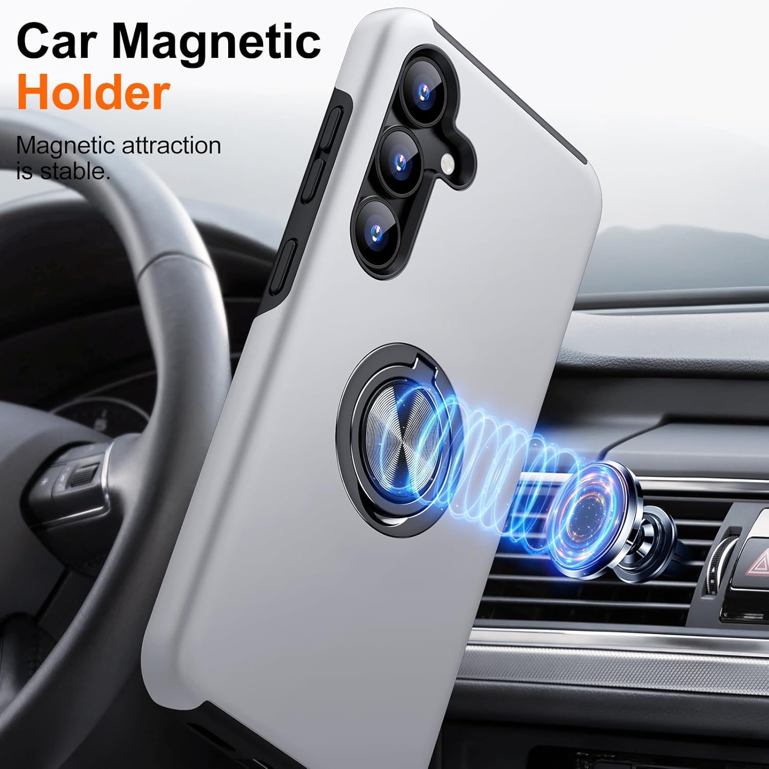 Husa Protectie Hybrid Antisoc pentru Samsung Galaxy S25 FE, Inel 360° si Suport Kickstand, TPU, Bumper Integrat, Silver