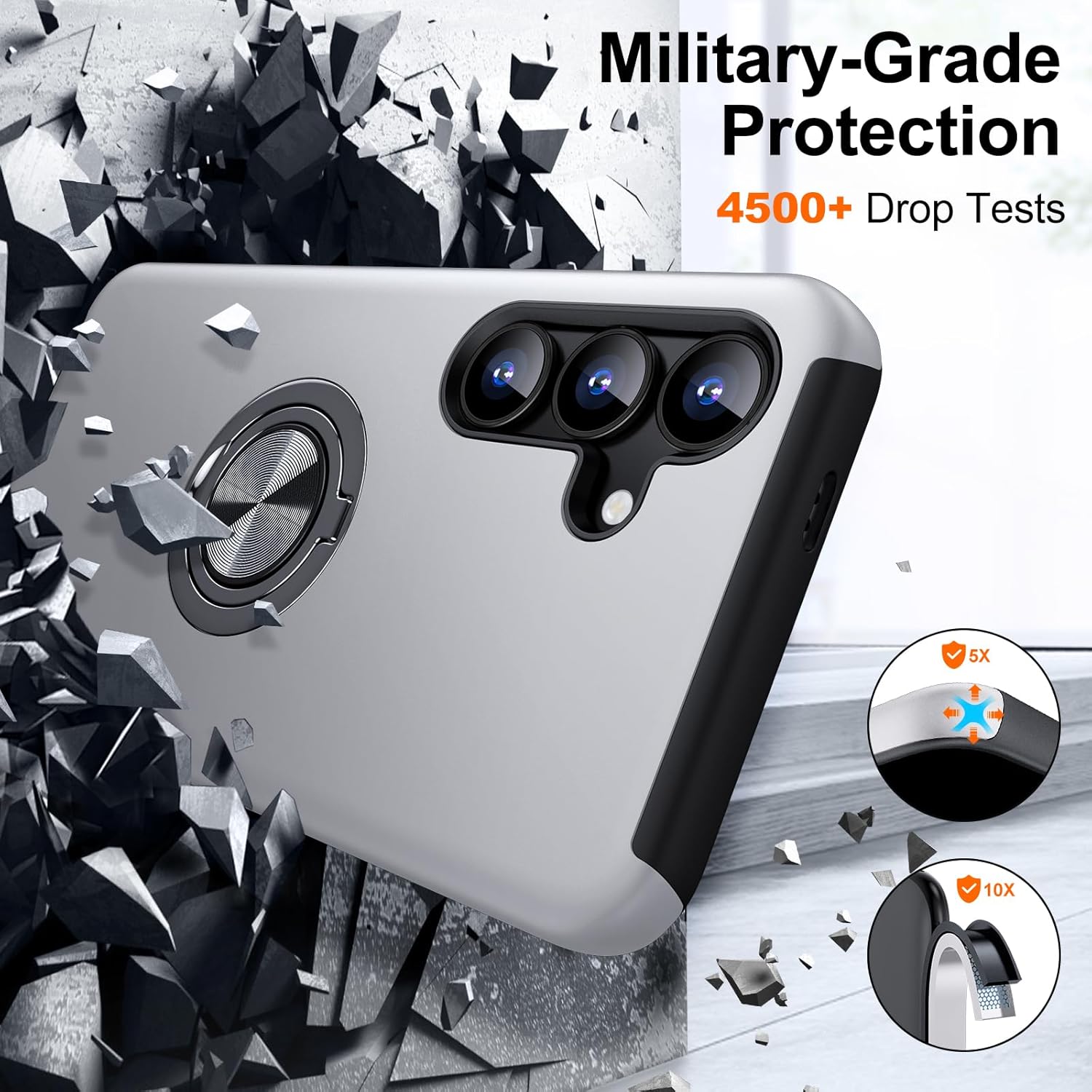 Husa Protectie Hybrid Antisoc pentru Samsung Galaxy S25 FE, Inel 360° si Suport Kickstand, TPU, Bumper Integrat, Silver