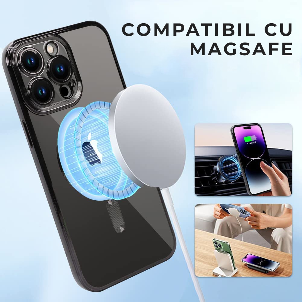 Husa Daden® Magsafe Luxury compatibil Iphone 11 Pro Max cu protectie camera, Antisoc, Transparent cu margini negre