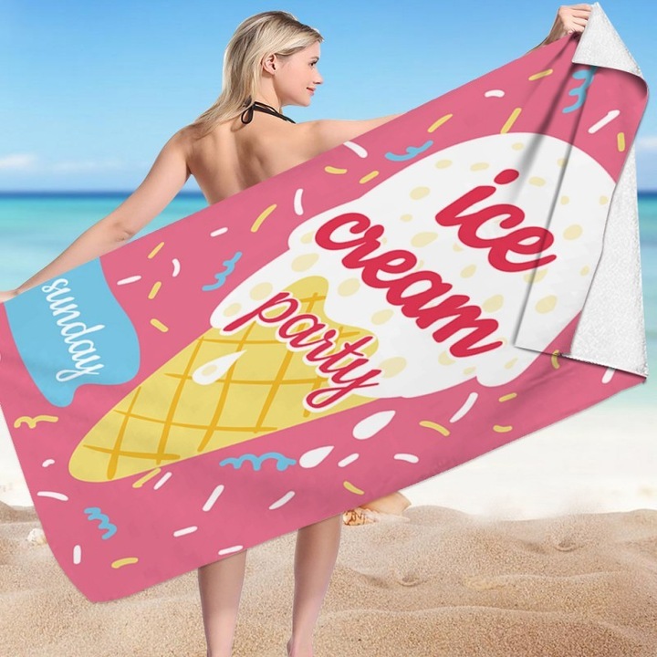 Strandtörölköző, téglalap alakú, 150x70 cm, rózsaszín fagylalt mintás, ICE CREAM PARTY, REC54WZ3