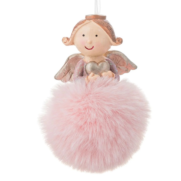 Ornament Brad de Craciun Ingeras Ceramic cu Blana Roz 11cm