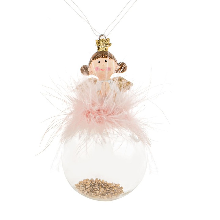 Ornament ceramic brad de craciun fetita ingeras roz cu glitter auriu