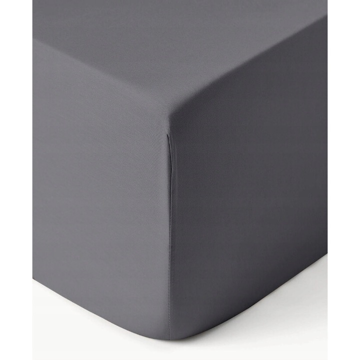 Cearceaf de pat Westwing din satina bumbac, gri inchis, 160x200cm, 25cm, cu elastic