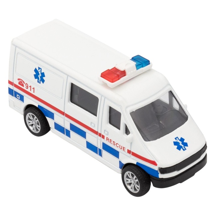 Mentőautó Játék, Kék és Piros, Fém, Léptékarány 1:43, Fordított Mozgás, Fiúknak