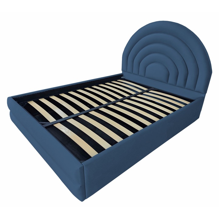 Pat tapitat Dome,120x200cm, somiera metalica rabatabila, spatiu depozitare, albastru pastel