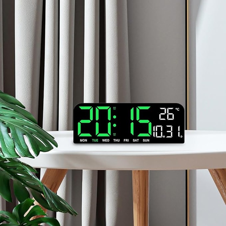 Ceas digital de masa si perete, LED verde, cu alarma, snooze, calendar, cronometru, termometru, 24x9 cm, negru/verde