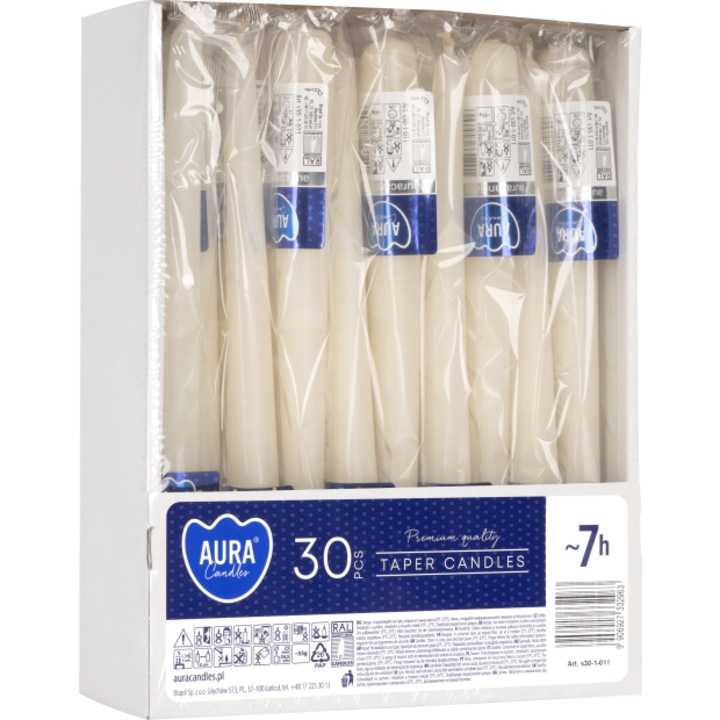 Комплект от 30 декоративни конусовидни свещи Aura, 24.5x2.3cm кремави, без мирис, време на горене 7 часа