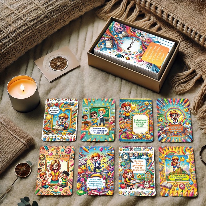 Cartonase motivationale folosite de profesori si invatatori pentru a premia si recunoaste efortul elevilor – Set 35 Cartonase in limba Germana, dimensiune 100x143 mm, plastifiere mata
