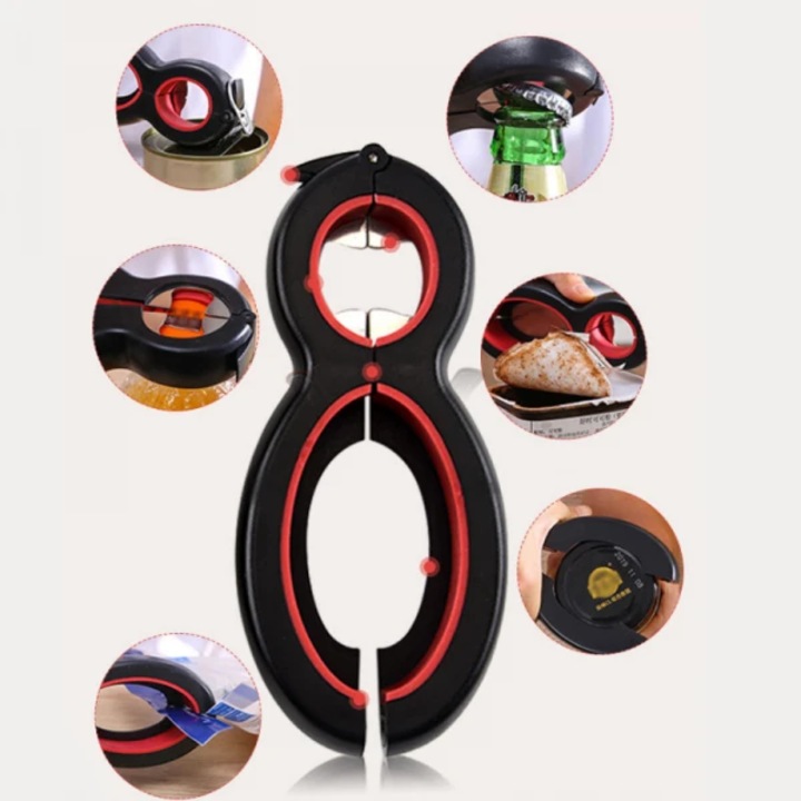 Üveg/üveg/konzerv fedőnyitó, többfunkciós, mérete 14,5 x 6,3 cm, zárt zacskónyitó funkció, fekete/piros