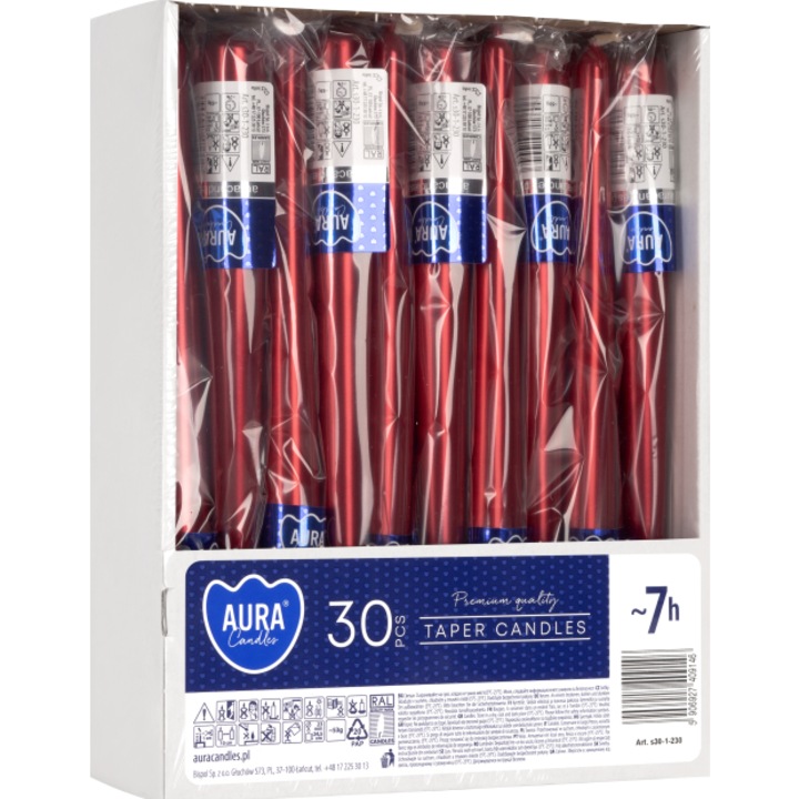 Комплект от 30 метални свещи Aura с червен конус, 24,5x2,3 см, без аромат, време на горене 7 часа