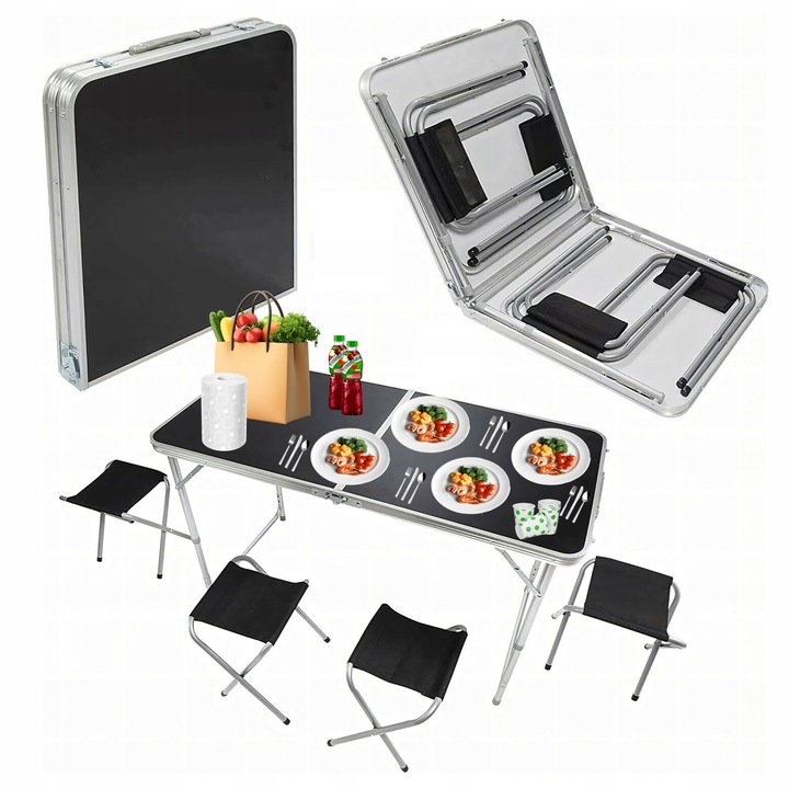Set masa camping cu 4 scaune, Luka, pliabila, negru, 120x60x55-70cm