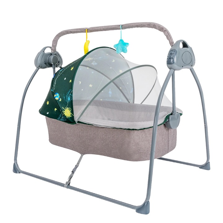 Leagan electric pliabil pentru bebelusi, verde, cu control de la distanta, 12 melodii, 100x75x85cm