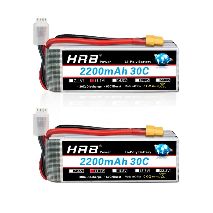 Baterie Lipo 3S 2200mAh XT60, set 2 bucati, 11.1V, 30C, 105x34x24mm