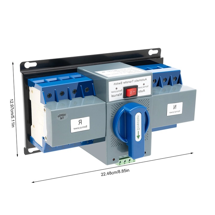 Comutator automat transfer ATS 63A 4P, intrerupator sursa dubla, 220/400V, timp de comutare 1–2 s, mod manual/auto, pentru casa/birou, gri