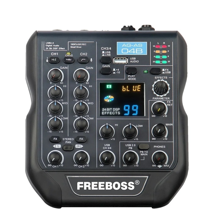 Аудио миксер, 99 DSP ефекта, 192KHz честота на дискретизация, 48V фантомно захранване, EU конектор