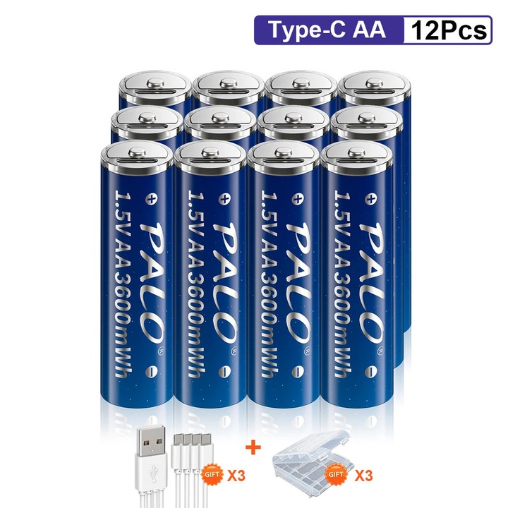 Set 12 Baterii AA Reincarcabile PALO, Capacitate 3600mWh, Incarcare Type-C, Cabluri USB si Cutii de Stocare