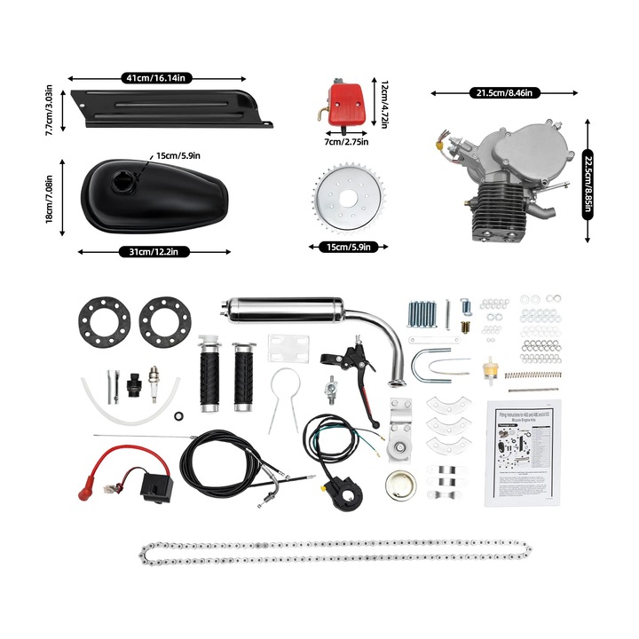 Kit motor pe benzina pentru bicicleta, 100CC, 28mi/h, 36 dinti, capacitate maxima 200kg