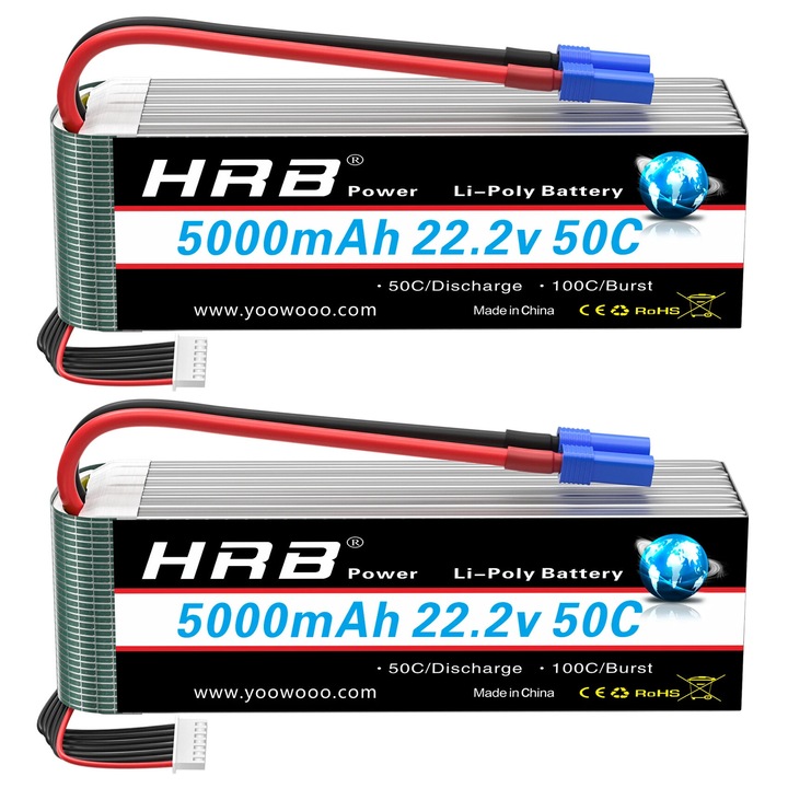 Baterie Lipo 5000mAh 22.2V 50C EC5, set 2 bucati, dimensiuni 155x48x48mm