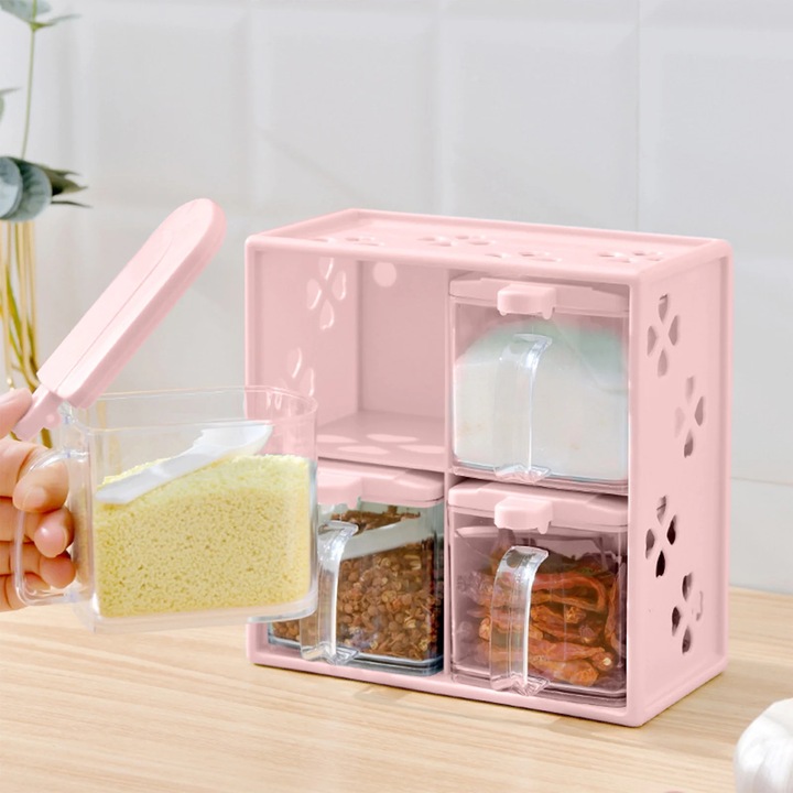 Set suport condimente transparent YANYXR cu maner si linguri, 17.5x9x17.5cm, roz