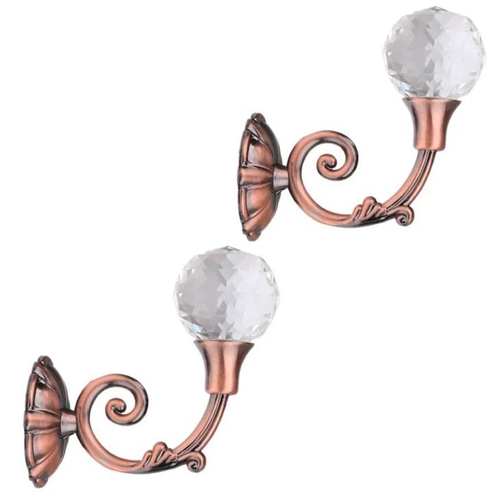 Set 2 Suporturi Perdele Metalice Vintage, Cristal, Roz Auriu, 6x7.9cm