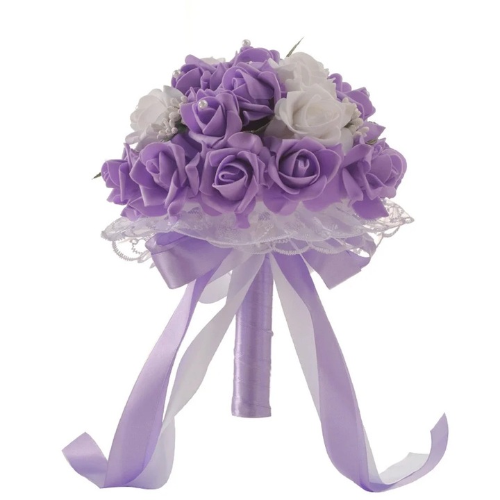 Buchet de flori artificiale cu trandafiri mov, 25 cm, invelit in satin