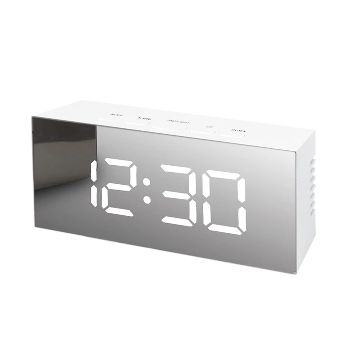 Elektronikus LED asztali óra, fehér, hőmérséklet-érzékelővel és automatikus fényerő-szabályozással, 14x5,5x3,4cm