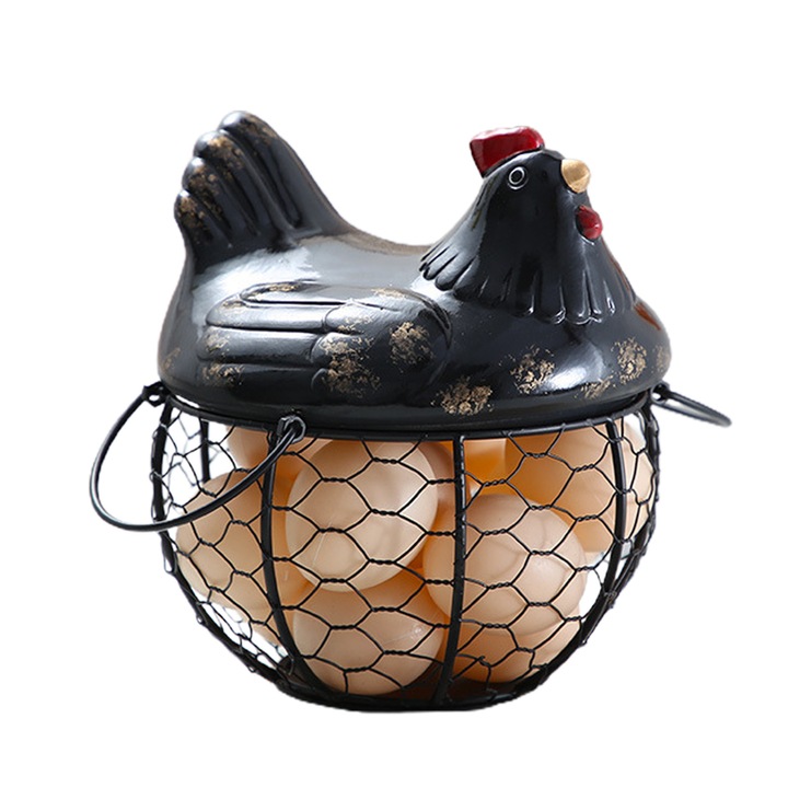 Cos oua metalic cu capac ceramic negru 10x16cm stil rustic