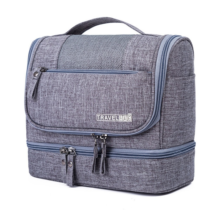 Utazó piperetáska, AMRINUGL, vízálló, robusztus kialakítás, szürke, több rekesszel