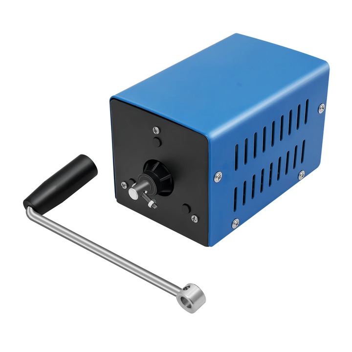 Generator portabil cu manivela, Incarcator USB de urgenta, Putere 20 W, Iesiri 3–15 V, USB 5 V/4 A, Viteza 2000 rpm, Dimensiune 12, 5×8×8, 5 cm, Albastru