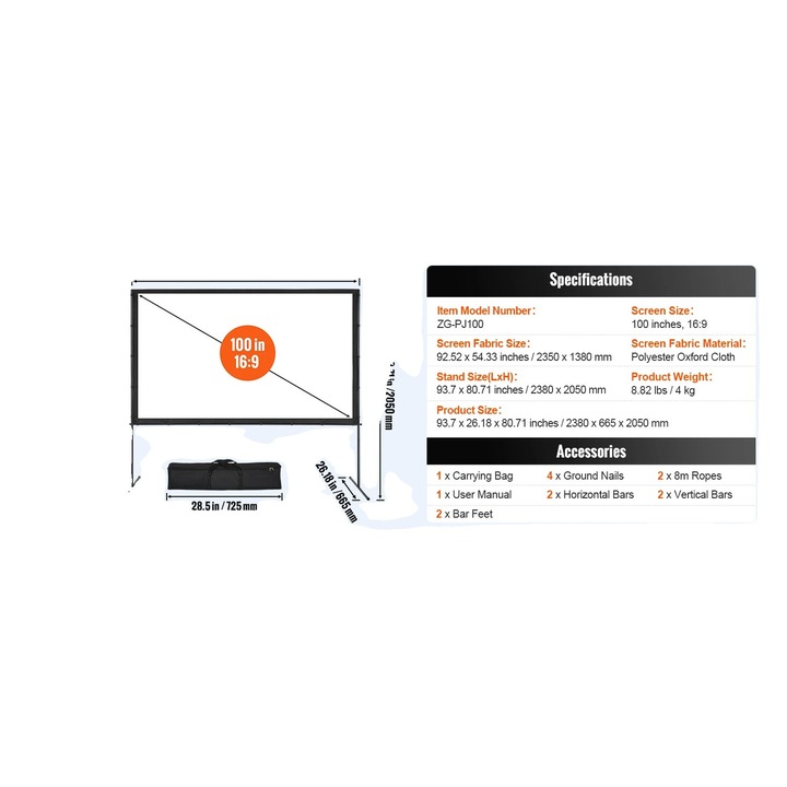 Прожекционен екран, 100 инча, лесен монтаж, размери 2380x665x2050мм, пълен комплект