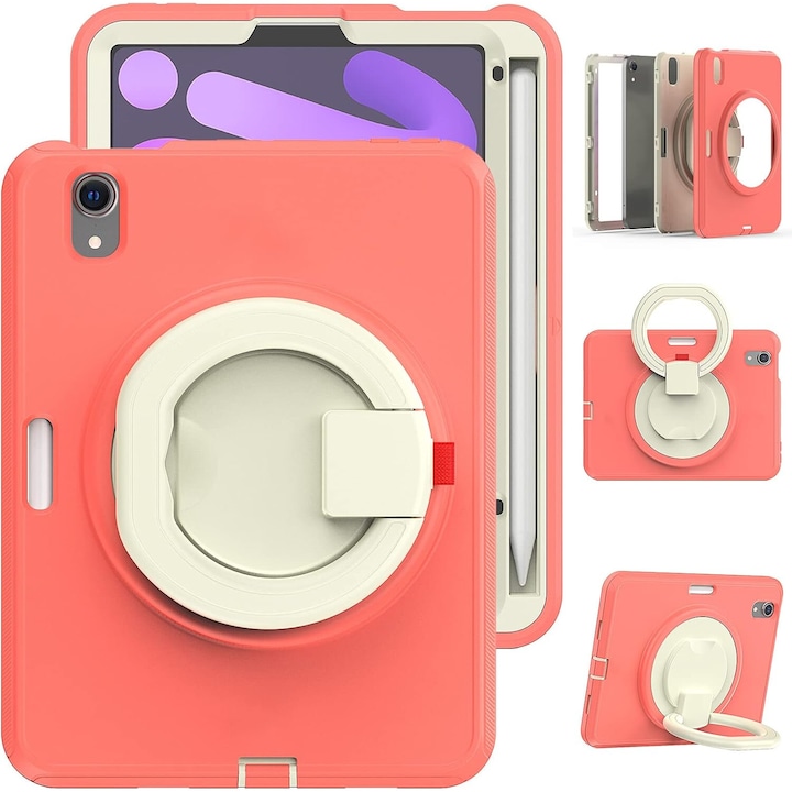 Husa pentru iPad Mini 6 8.3", roz, cu suport si curea reglabila, trei straturi de protectie
