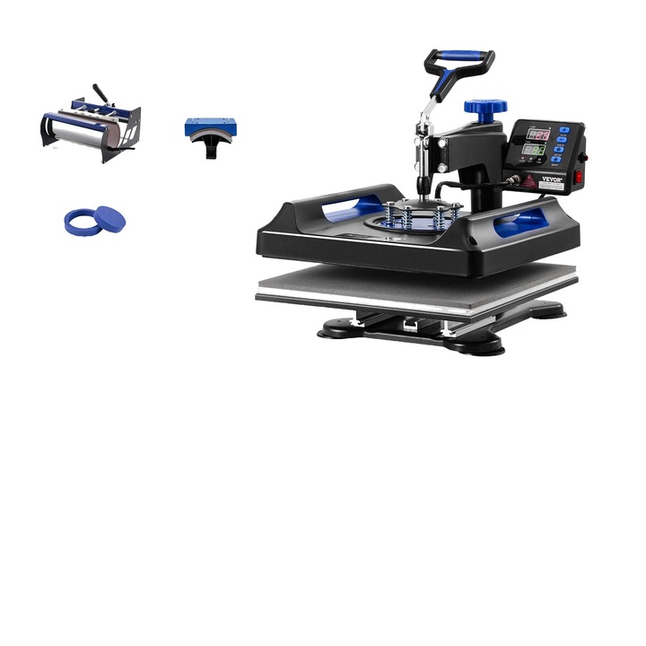 Термопреса, 8 в 1, 15x15 инча, 1150 W, черно + синьо, преса за чаши и шапки