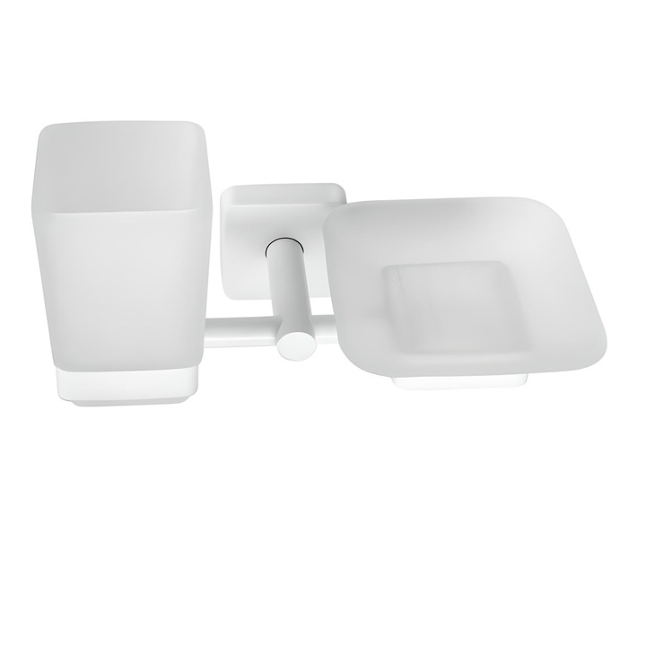 Szappantartó Kapitan Quattro, Pohárral, Üveg és rozsdamentes acél, Matt fehér