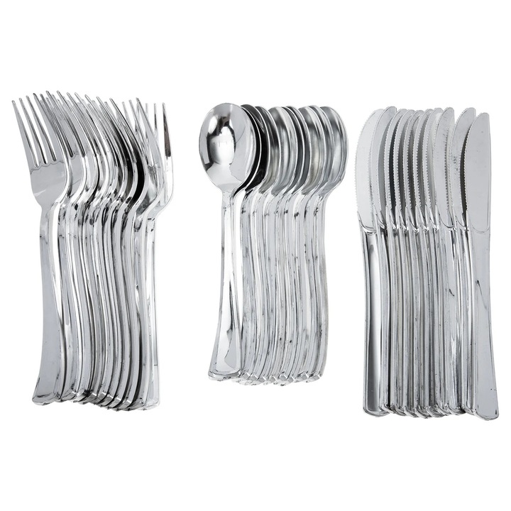 Set tacamuri din plastic ZYBLSSBB LSM2xh2089-BCS0143529, 10 seturi (cutite/furculite/linguri), argintiu