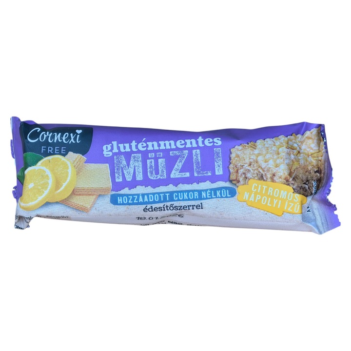 Baton de Muesli Fara Gluten cu Gust de napolitana de lamaie – Fara Zahar Adaugat 25g Cornexi