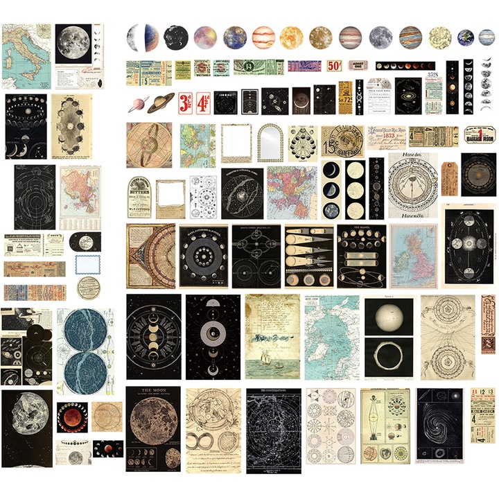 Set 200 Piese Papetarie Vintage - Stickere Washi si Hartie Scrapbooking, Tema Celestiala, Multicolor