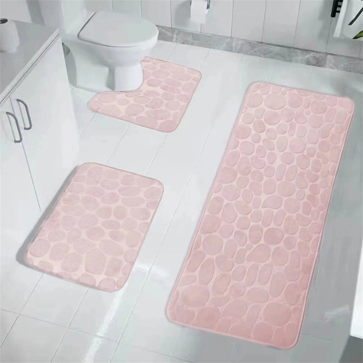 Set covorase baie 3 piese, design cu model, multicolor, 50x80cm + 50x40cm (in forma de U) + 40x40cm capac toaleta